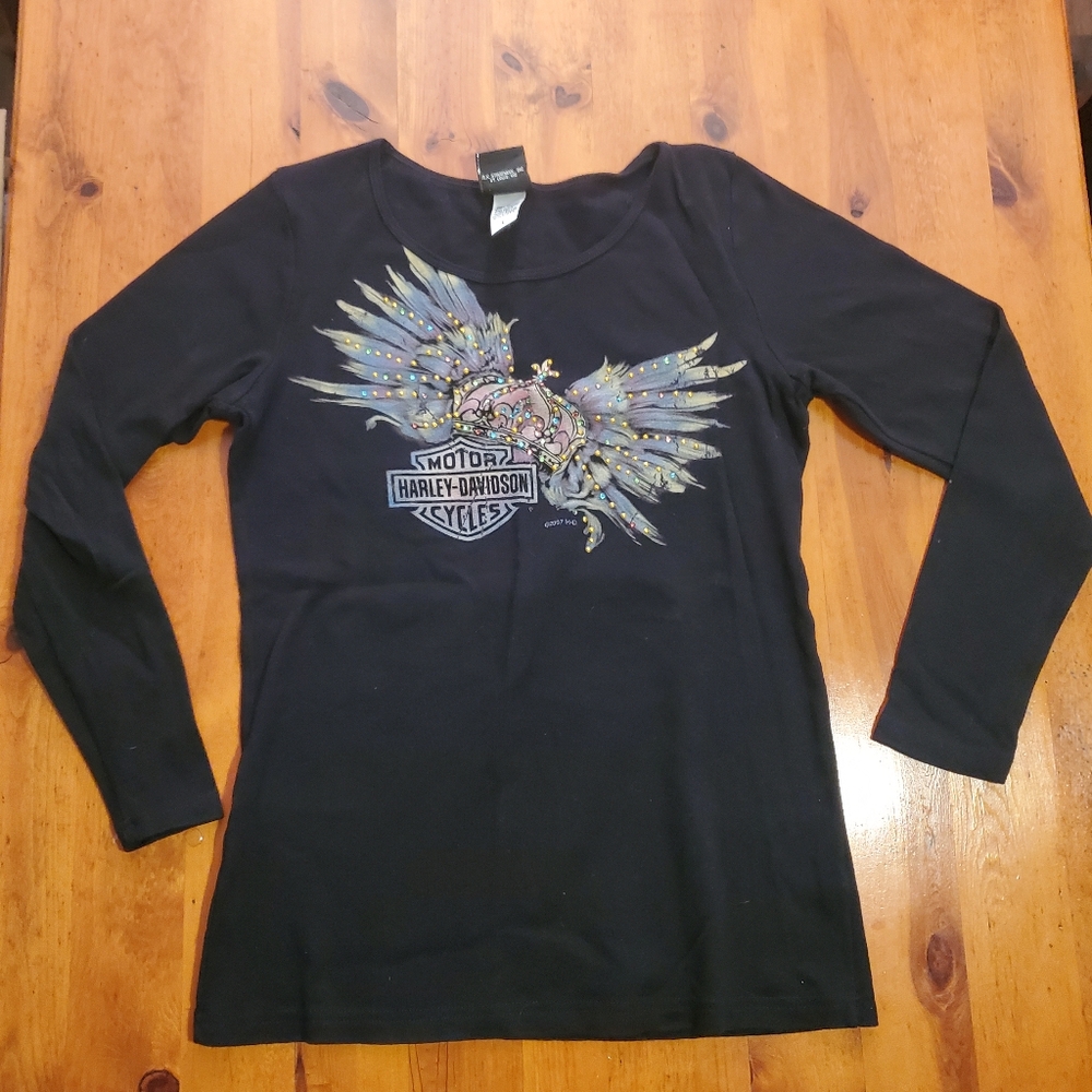 Harley Davidson Motorcycles Fitted Long Sleeve T Shirt Rhinestones Size Large
